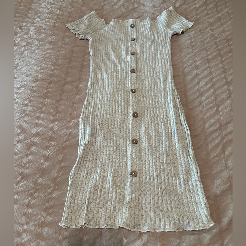 Decorative button front knit rib dress with lettuce edge- elastic neckline-
